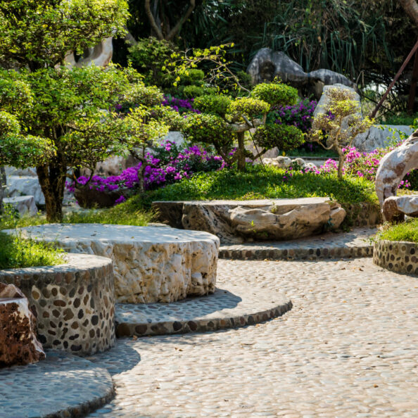 Luxury landscape design of the tropical garden. Beautiful view of landscaped tropical garden.